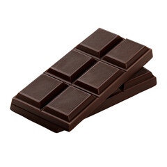 Close-up of a dark chocolate bar, with a focus on its rich color and textured surface. Two blocks of chocolate are stacked at a slight angle, creating depth