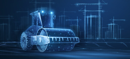 Road roller on the city background. Building site, construction machine, diesel engine.