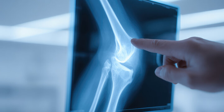 A finger points at an X-ray image of a knee joint on a screen. Medical examination, healthcare, radiology