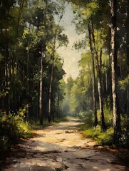 Fototapeta premium A serene forest pathway, artfully captured with the natural sunlight and shadows of a forest in painting style, invites a contemplative journey through the serene woods.