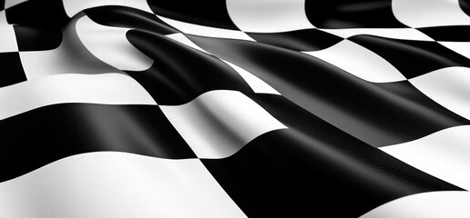 Close-up of a black and white checkered fabric with smooth folds and shadows creating a flowing texture