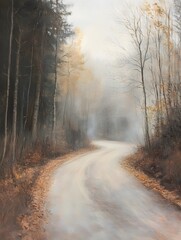 A winding road meanders through a misty forest, creating a captivating scene of tranquility and mystery. The overcast lighting casts a soft glow on the road.