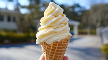 A close up shot of a vanilla ice cream cone held outdoors with a blurred background on a sunny day