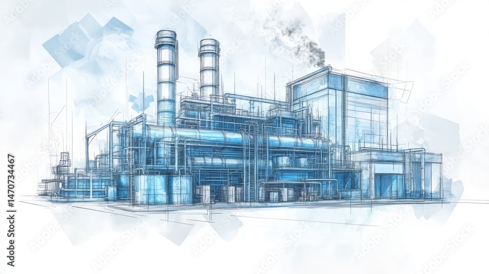 Poster industrial structure sketch with abstract design elements.