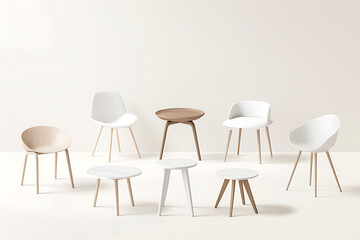 furniture product catalog, basic drawings of various types of portable tables, arranged and presented like a catalog