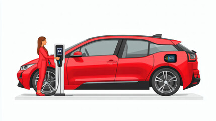 Fototapeta premium Woman charging electric vehicle illustration