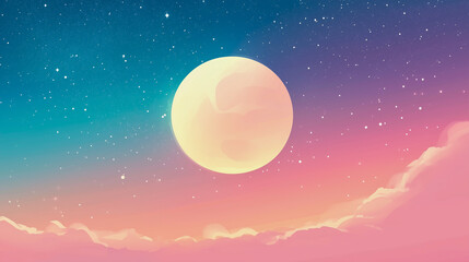 A glowing full moon with starry background and light pastel hues, clean minimalist composition with empty space for text or layout usage