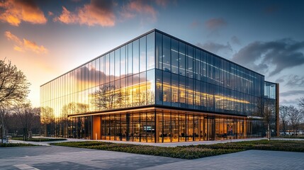 Fototapeta premium A polished office complex with shimmering glass walls, catching the light of a setting sun; wide shot, warm tones, futuristic urban style. 