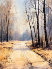 A serene forest path winds invitingly through a tranquil winter woodland, its surface dusted with frost under a soft, atmospheric light, leading the eye towards a gentle, natural horizon.