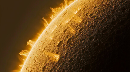 A hyper-realistic solar close-up showing the sun’s glowing texture against a deep space backdrop, high contrast and clean framing
