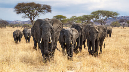 Obraz premium African Elephant Herd Walking Through Savanna Grassland