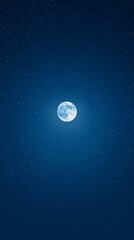 A clear full moon centered in a deep navy sky with minimal stars, modern minimal composition with large empty space for commercial use