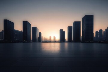 Sunset or sunrise behind a modern city skyline with tall glass skyscrapers reflected on a large empty tiled plaza, evoking calm and quiet urban atmosphere