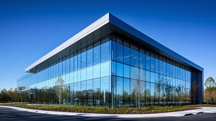 Obraz premium A sleek modern office building with a glass facade reflecting the blue sky, surrounded by minimal landscaping; low-angle view, sharp lines, crisp daylight. 