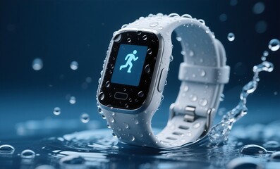 Water-Resistant Fitness Tracker with Running Icon Display Surrounded by Dynamic Water Splashes on Dark Blue Background