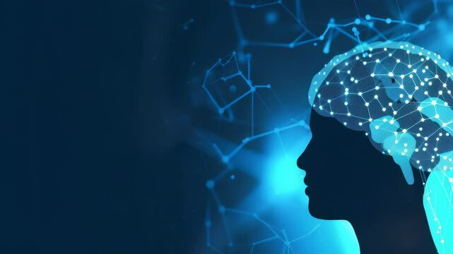 Stylized graphic of a human head with the brain represented by a network of interconnected dots and lines, symbolizing thought processes and technology in an advanced digital world.