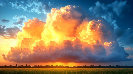 Obraz premium Dramatic Sunset Landscape with Massive Golden Clouds over a Field