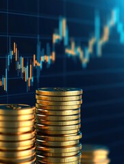 Stacked gold coins in focus with a rising stock market graph in the background