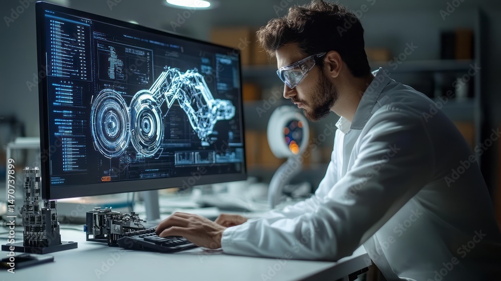 Aufkleber focused engineer reviews complex mechanical design on computer screen.