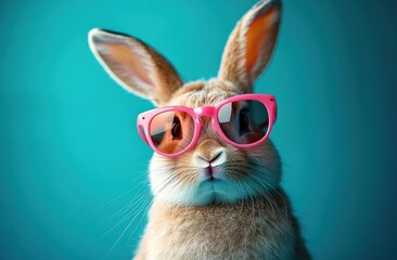 Cute light brown rabbit wearing pink sunglasses looking directly at the camera against a bright teal background