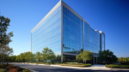 Obraz premium A towering glass office building with steel accents, its reflective surface shimmering under the clear blue sky in a bustling business hub; wide-angle view, radiant tones, corporate prestige. 