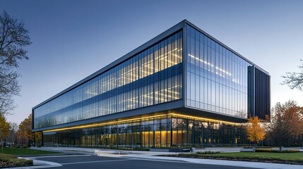 Fototapeta premium A towering glass-clad office building with sleek, angular lines, its modern facade contrasting cleanly against a white background; wide view, professional clarity, corporate modernity. 