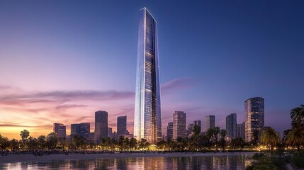 Obraz premium A towering skyscraper with sharp, angular designs and reflective glass panels, standing boldly against a vibrant urban skyline; low-angle shot, crisp clarity, dynamic city energy. 