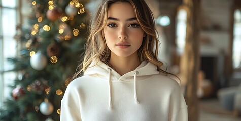 Realistic White Hoodie Mockup in Cozy Christmas Setting for Holiday Apparel Branding

