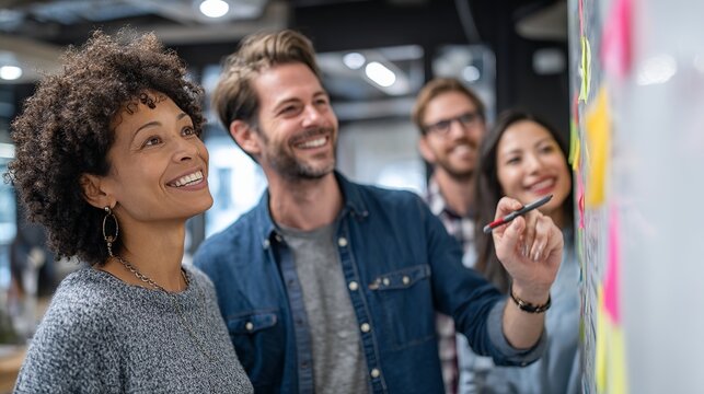 Happy diverse business team brainstorming ideas together on whiteboard men work group women notes