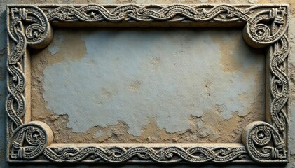 Intricate Celtic knotwork carved into weathered stone border , tradition, decoration, ancient