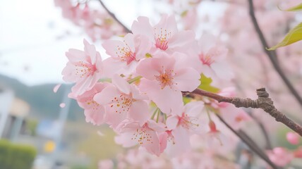 Obraz premium Blooming Cherry Blossom Flowers on Branch Detailed Close-Up in Daylight with Blurred Background of Buildings and Sky During Springtime