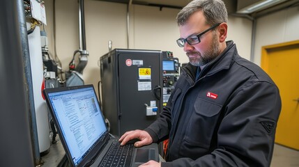 Focused technician working on a laptop in a laboratory.