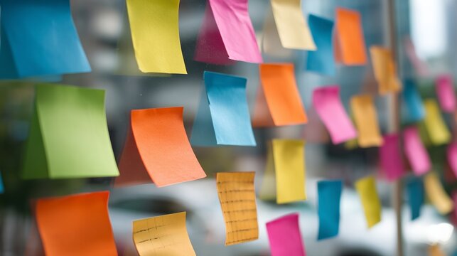 Colorful sticky notes on glass wall background office it pink blue work memo post paper green ideas