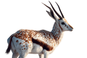 A graceful antelope with spotted fur and long horns profile view on black background