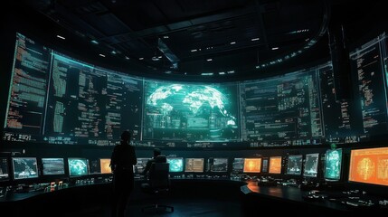 Futuristic control room with large curved display screens showing global maps and complex data, two people monitoring multiple computer monitors, high-tech environment