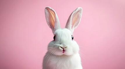 Obraz premium Close-up portrait of a white rabbit with large ears against a soft pink background, conveying innocence and curiosity