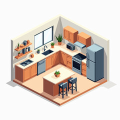 modern kitchen interior with wooden cabinets, stainless steel appliances, and greenery