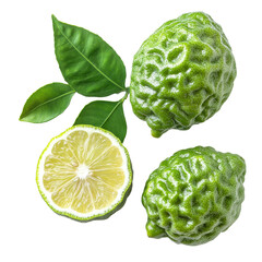 Fototapeta premium Fresh ripe bergamot fruit with green leaves on a clean transparent background, perfect for culinary uses or zesting, ripe bergamot isolated on transparent background