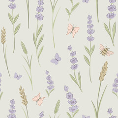 Vector vintage floral rustic seamless pattern, cottagecore neutral colors lavender flowers endless texture