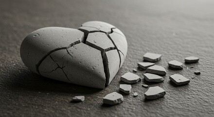 A close-up artistic image of a cracked white stone heart lying broken on a textured surface &mdash; fragments scattered as a symbolic still life. The composition should evoke emotions of fragile love, emoti