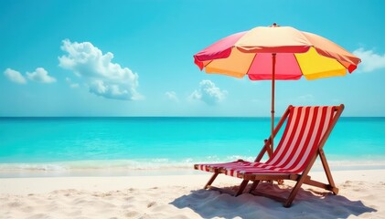 Relaxing beach scene with striped deck chair and colorful umbrella providing shade , relaxation, calm, getaway