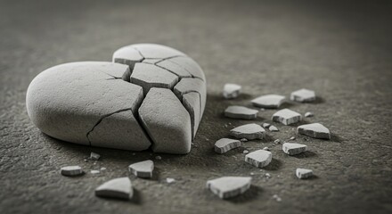 A close-up artistic image of a cracked white stone heart lying broken on a textured surface &mdash; fragments scattered as a symbolic still life. The composition should evoke emotions of fragile love, emoti