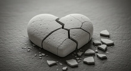 A close-up artistic image of a cracked white stone heart lying broken on a textured surface &mdash; fragments scattered as a symbolic still life. The composition should evoke emotions of fragile love, emoti
