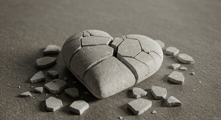 A close-up artistic image of a cracked white stone heart lying broken on a textured surface &mdash; fragments scattered as a symbolic still life. The composition should evoke emotions of fragile love, emoti