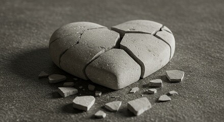 A close-up artistic image of a cracked white stone heart lying broken on a textured surface &mdash; fragments scattered as a symbolic still life. The composition should evoke emotions of fragile love, emoti