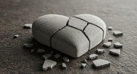 A close-up artistic image of a cracked white stone heart lying broken on a textured surface &mdash; fragments scattered as a symbolic still life. The composition should evoke emotions of fragile love, emoti