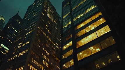 Obraz premium Nighttime close-up of office buildings in NYC, illuminated windows casting a golden glow, reflections shimmering on sleek facades; medium shot, moody tones, urban vibrancy. 
