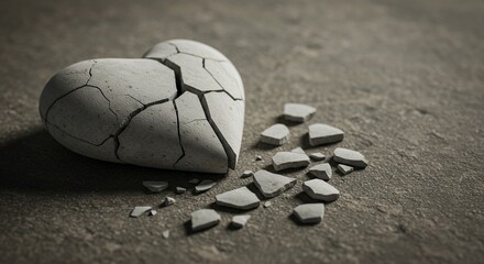 A close-up artistic image of a cracked white stone heart lying broken on a textured surface &mdash; fragments scattered as a symbolic still life. The composition should evoke emotions of fragile love, emoti