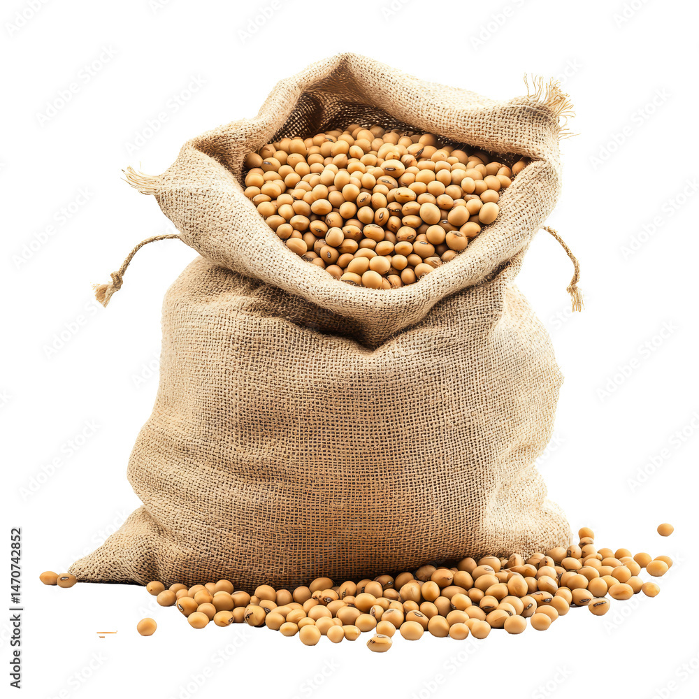 Poster a heap of isolated soybeans spilling from a burlap sack in a simple setup, heap of soybeans isolated