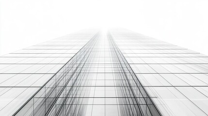 Fototapeta premium Realistic rendering of a tall corporate skyscraper with a geometric facade, isolated cleanly on a white backdrop; low-angle shot, crisp clarity, modern urban aesthetic. 